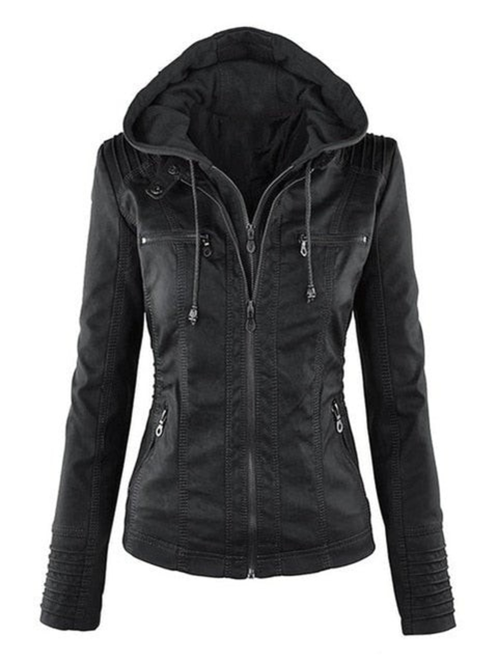 Women's Black Hooded Faux Leather Jacket